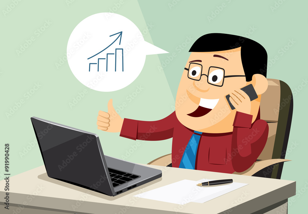 Funny man sitting at a computer and handle business call. Cartoon