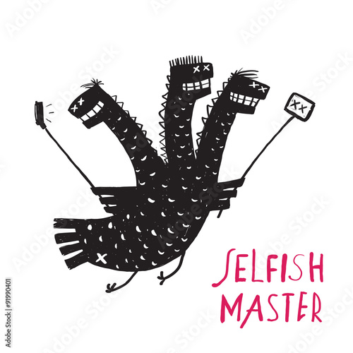 Funny Selfish Dragon Taking Selfie Stick Photo Rough Hand Drawn
