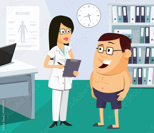 The nurse has a meeting with the doctor. Doctor writes a prescription for the patient. Surgery private practice. Funny vector simple illustration.