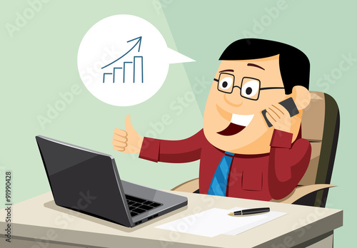 Funny man sitting at a computer and handle business call. Cartoon vector simple illustration.