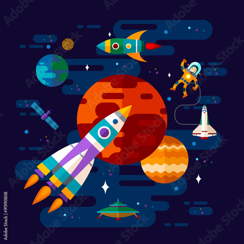 Space, spaceship, astronaut, and planets.