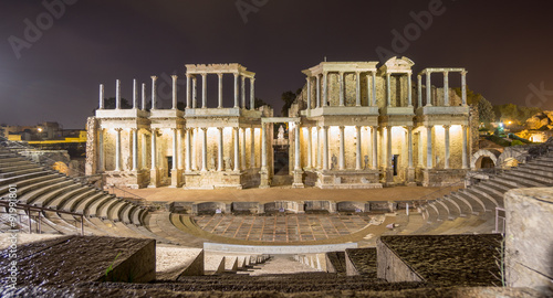 Photography The Roman Theatre in Merida at night, Spain. Front View