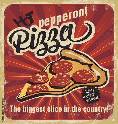 Retro pizza sign, background, template pizza box design. Retro pizzeria poster on old paper texture. Layered.