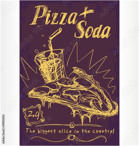 Draw pizza sign, background, template pizza box design. Retro pizzeria poster on old board texture. Layered.