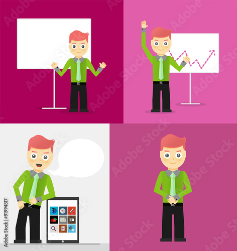 Poses of young businessmen, presentation white board, leaning on