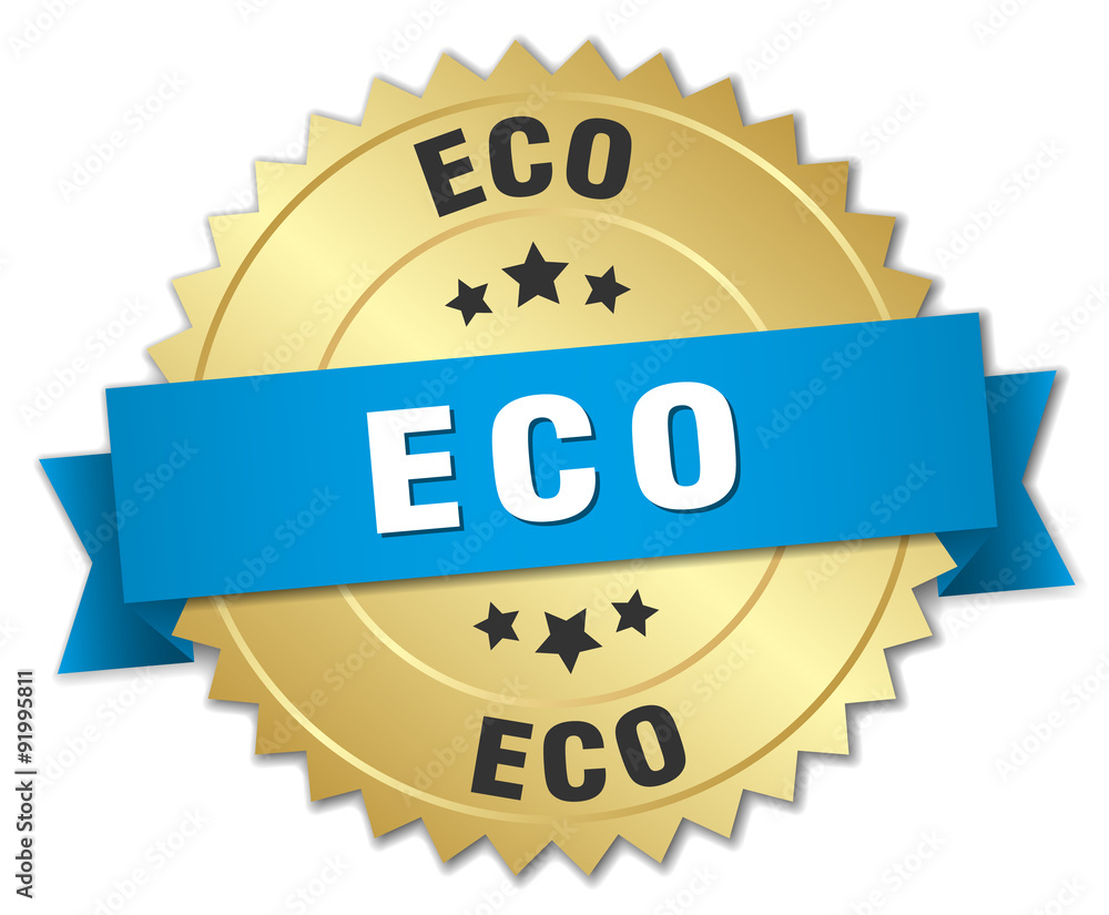 eco 3d gold badge with blue ribbon