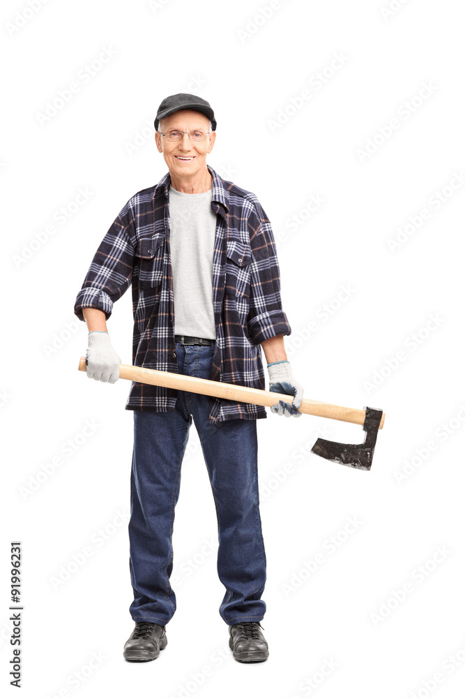 Senior man in a blue checkered shirt holding an axe Senior man in a blue checkered shirt holding an axe