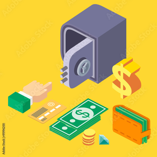 3d isometric safe set: money, credir card, diamond, vector. Flat