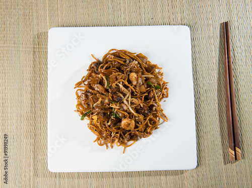 Fried Penang Char Kuey Teow top down view which is a popular noo photo