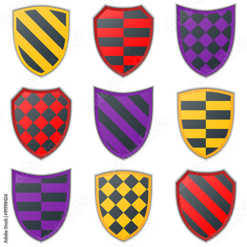 Set of colorful shield icons on a white background.