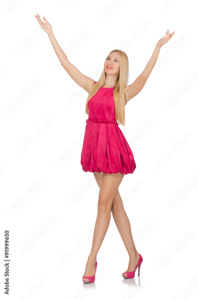 Young woman in pink dress isolated on white