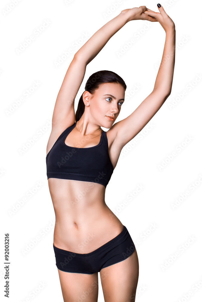 sporty woman and measure around her body on white background sporty woman and measure around her body on white background