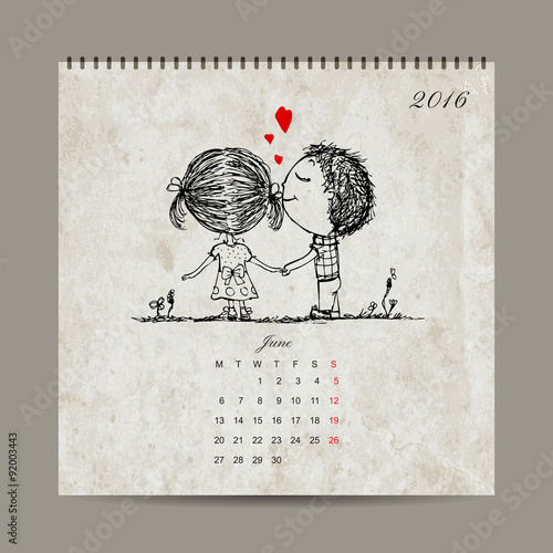 Calendar grid 2016 design, june. Couple in love together