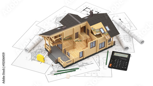 The three-dimensional image of a modern wooden house on a background of drawings. Objects isolated on white background. Image includes roulette, eraser, pencil and calculator.