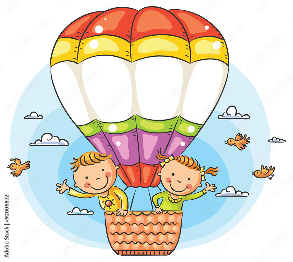 Fototapeta premium Cartoon kids travelling by air with copy space across the balloon