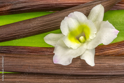 Fototapeta Naklejka Na Ścianę i Meble -  orchidée blanche sur gousses et feuille de vanille Bourbon