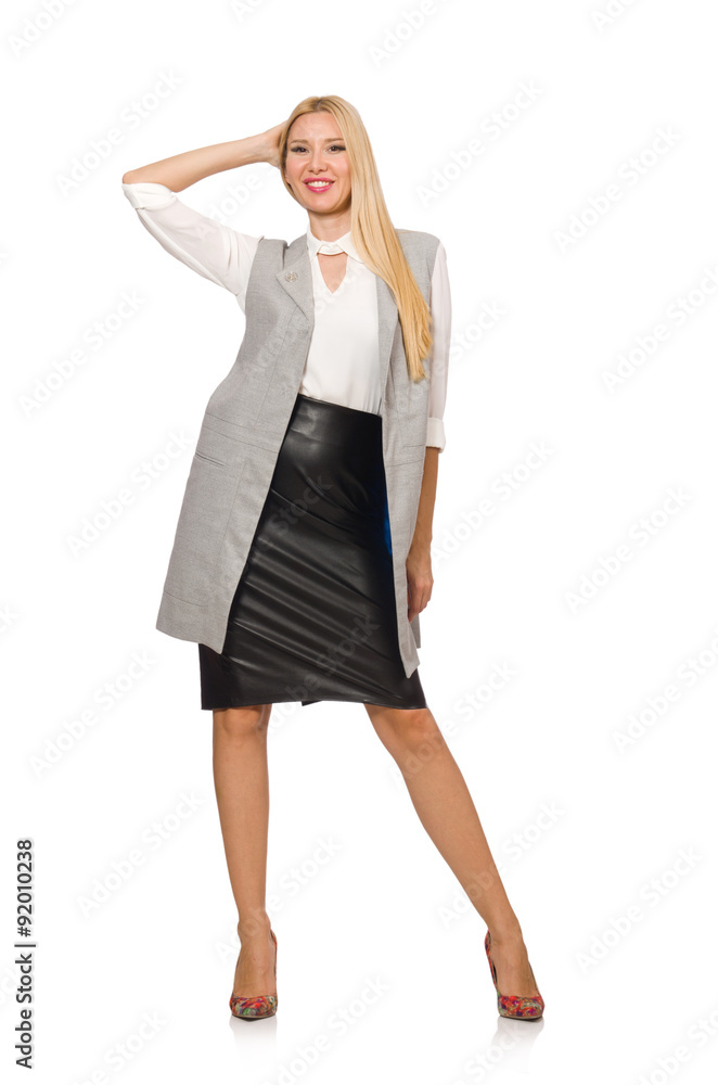 Pretty woman in leather skirt isolated on white Pretty woman in leather skirt isolated on white