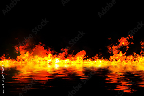 awesome fire flames with water reflection, on a black background
