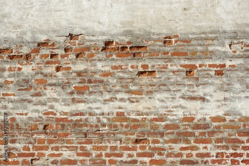 Red White Vintage Brick Painted Wall With Damaged Plaster