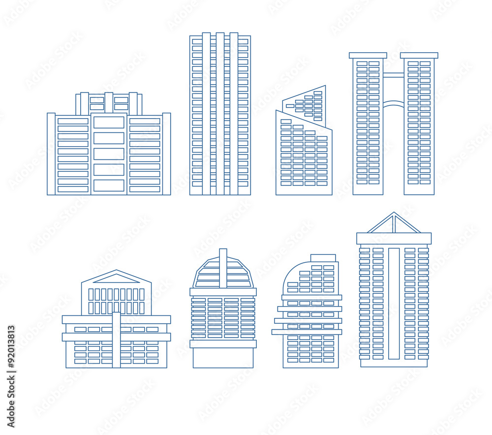 High-rise buildings. Buildings line icon set. City Skyscrapers v
