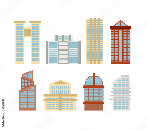 Colored skyscrapers, office buildings of modern city. Vector set