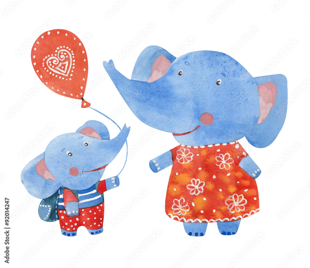 Fototapeta premium Watercolor illustration of elephants family