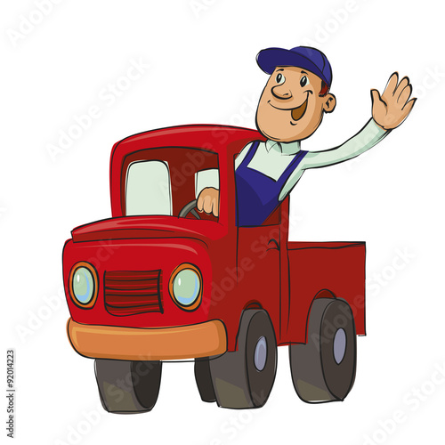 Smiling man driving an old pickup truck, vector illustration