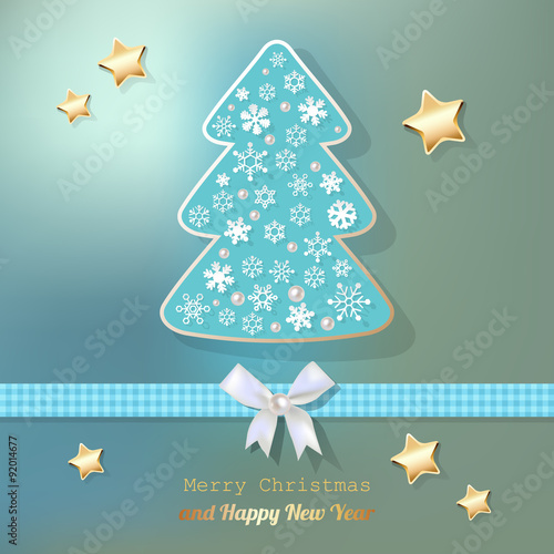 Merry Christmas postcard turquoise on a light blue bokeh fog background.