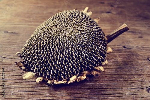 dried sunflower on a wooden surface