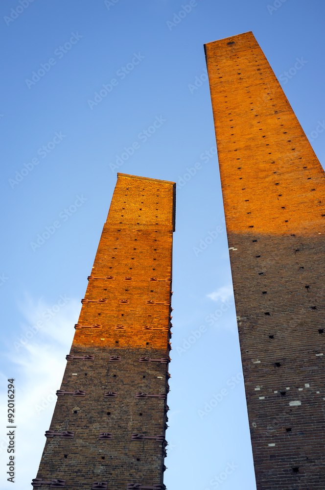 Pavia: the medieval towers at sunset. Color image