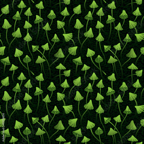 Vector green mushrooms seamless pattern on a dark background. 