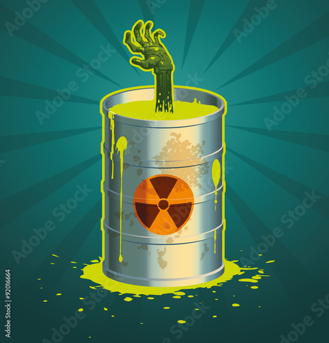 Vector hand in a barrel of radioactive waste on a blue background. 