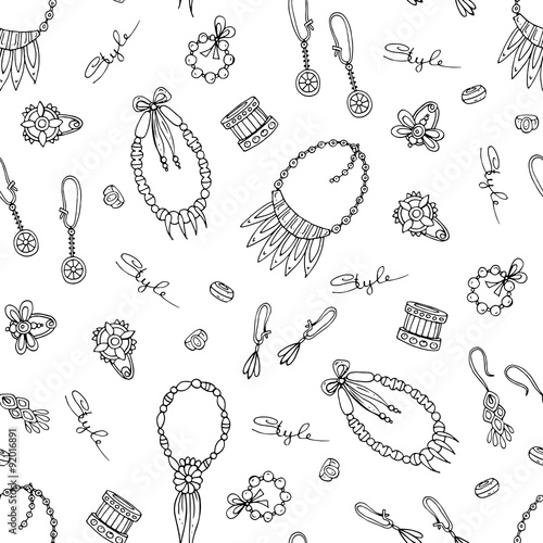 Vector seamless pattern of hand drawn jewelry on white color. Pattern with necklaces, earrings, brooches and bracelets for women. Background for use in design, web site, packing, textile, fabric