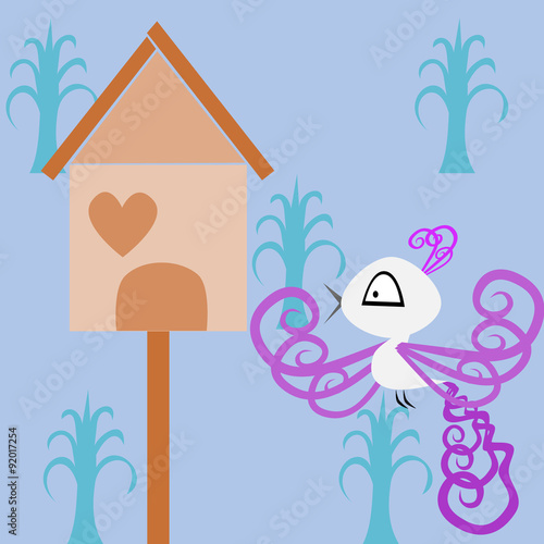 A bird near her birdhouse