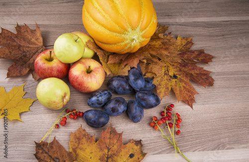 Fototapeta Naklejka Na Ścianę i Meble -  Melon,apples and plums of autumn still life