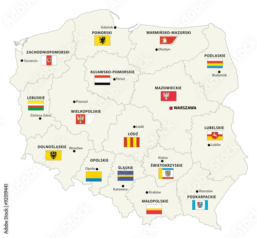 Poland administrative map with flags