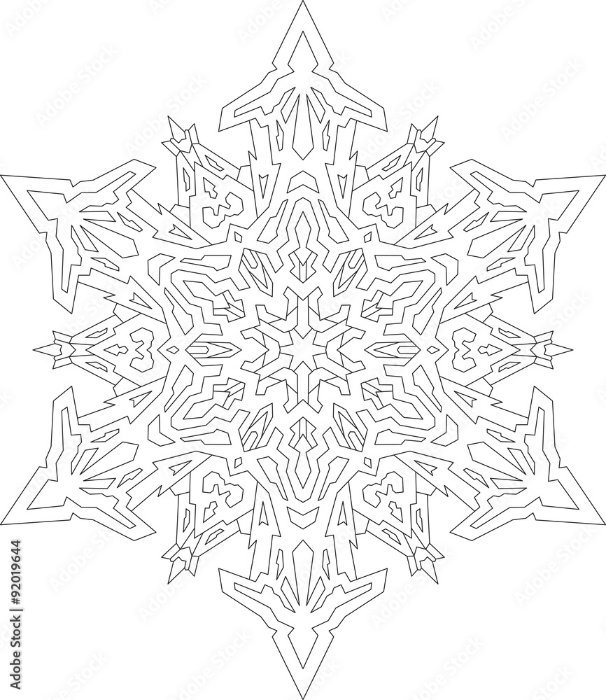 Outlines of snowflake in mono line style for coloring, coloring