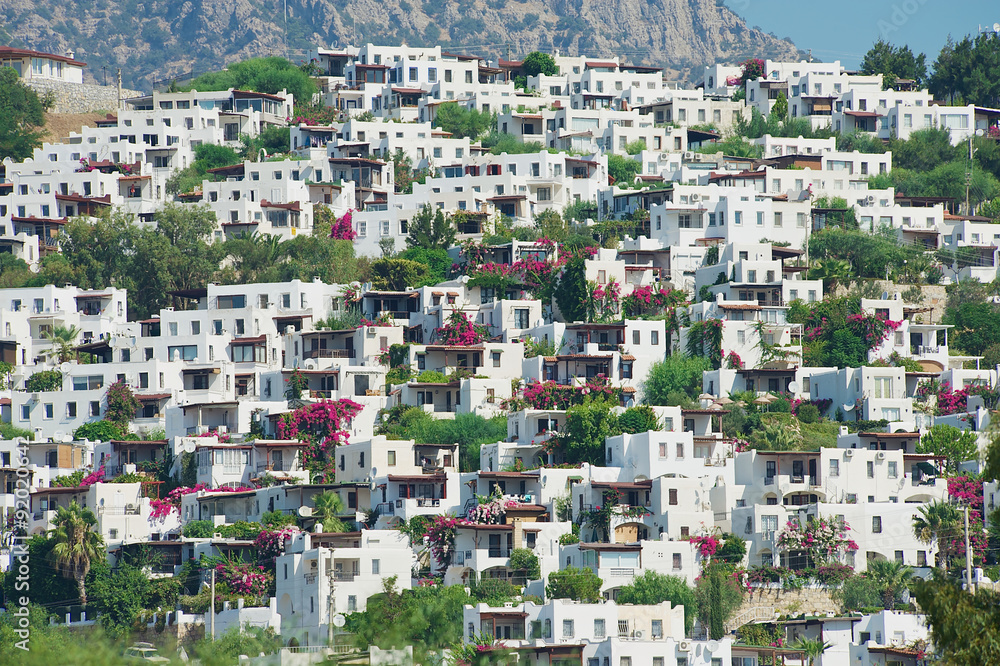 View to the residential area buildings in Bodrum, Turkey.