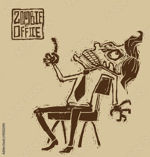 Vector office zombie in a shirt and tie sitting on a chair on a gray background. The text is written in curves.