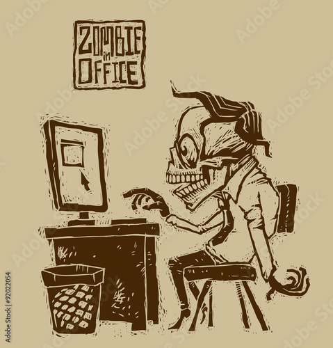 Vector office zombies in a shirt and tie at the computer on a gray background. The text is written in curves.