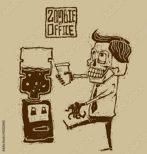 Vector office zombies in a shirt and tie next to the water cooler on a gray background. The text is written in curves.
