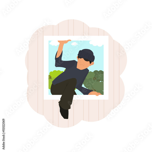 thief climbs through the window of the house. Vector illustration in a flat style.