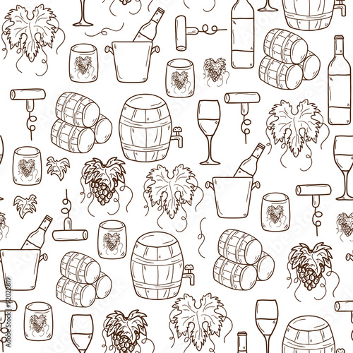 Vector seamless background with cartoon hand drawn wine objects