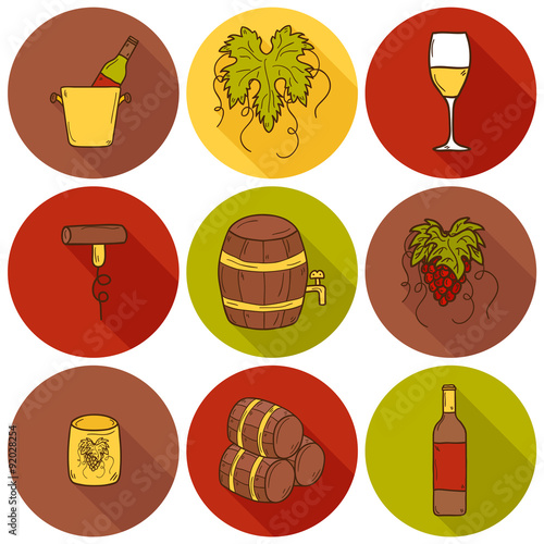 Set of cartoon wine icons in hand drawn style: bottle, glass