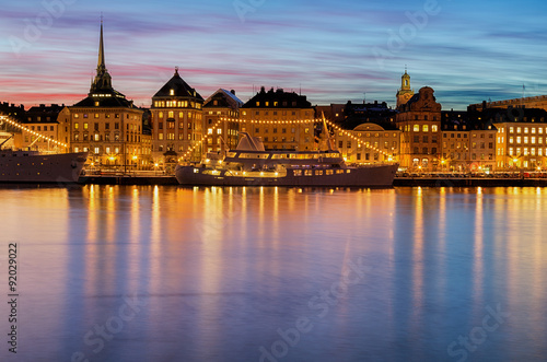 Beautiful sunset over Gamla stan in Stockholm on a winter night.
