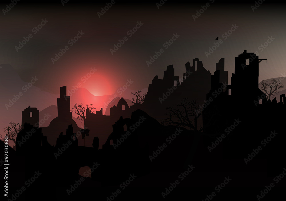 Horror Halloween Background Landscape with Ruins of a Castle and Dead Trees - Vector Illustration