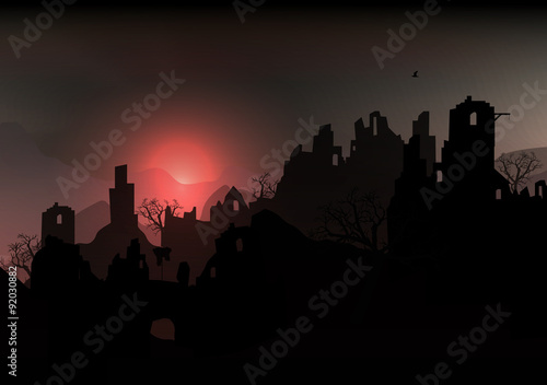 Horror Halloween Background Landscape with Ruins of a Castle and Dead Trees - Vector Illustration