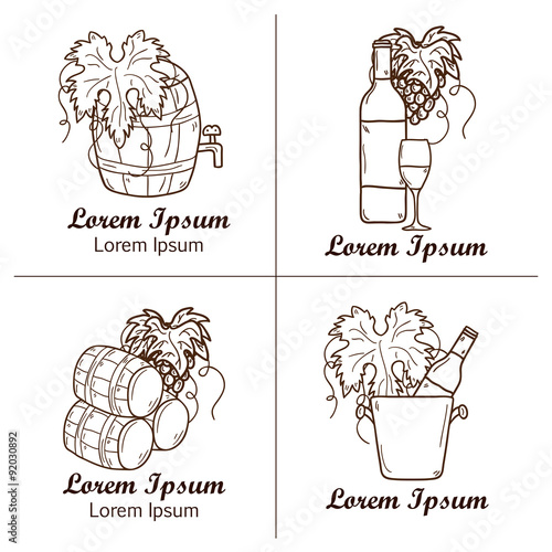 Set of cartoon wine badges in hand drawn style: bottle, glass