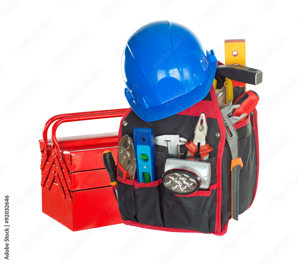 Fototapeta premium Hand tools built in tool bag. Isolated on white background.