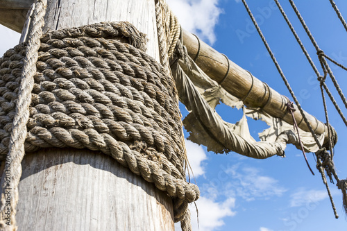 Old mast and ragged rigging of a sailing ship